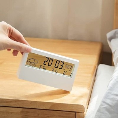 New Design Transparent Electronic Alarm Clock Calendar Weather Temperature and Humidity Display LED Desk Clock and Snooze Model